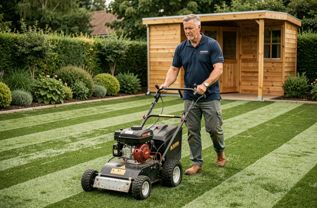 Un professionnel de Cochard Paysage utilise une machine à poser le gazon dans un grand jardin avec bordures décoratives et abri de jardin en bois moderne en Haute-Garonne