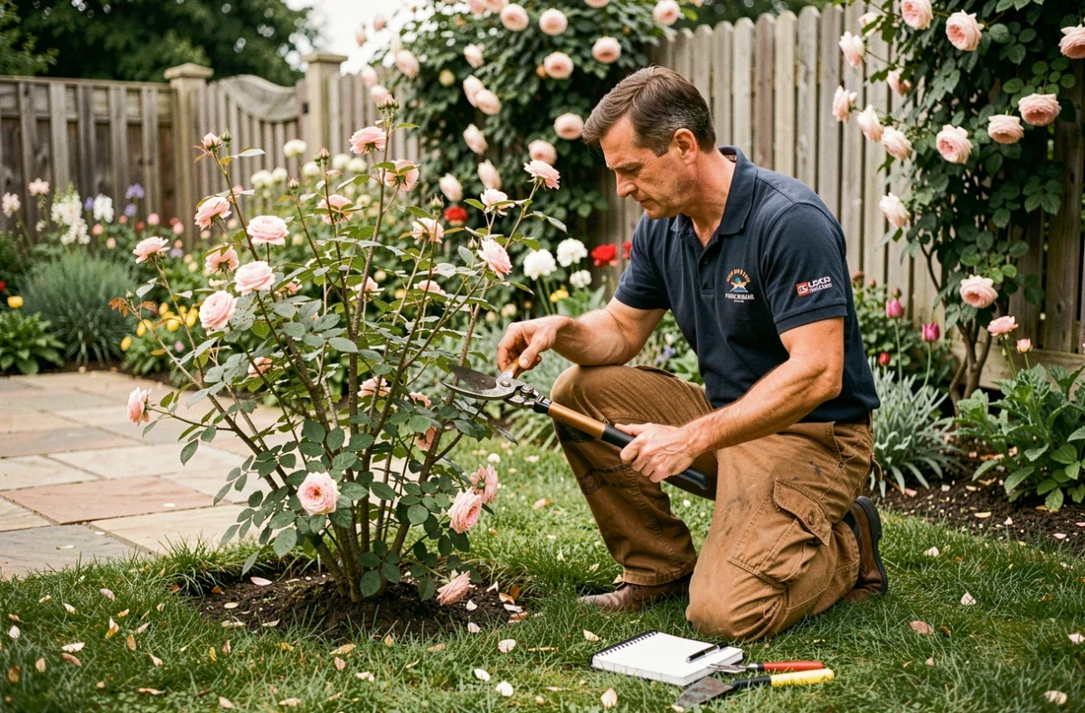 Jardinier de Cocktail Jardin entretenant des arbustes ornementaux dans un jardin du 92