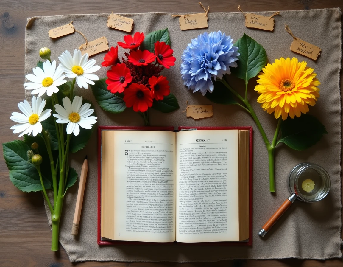 Collection de fleurs de jardin identifiées et étiquetées à la main sur une table en bois avec encyclopédie botanique