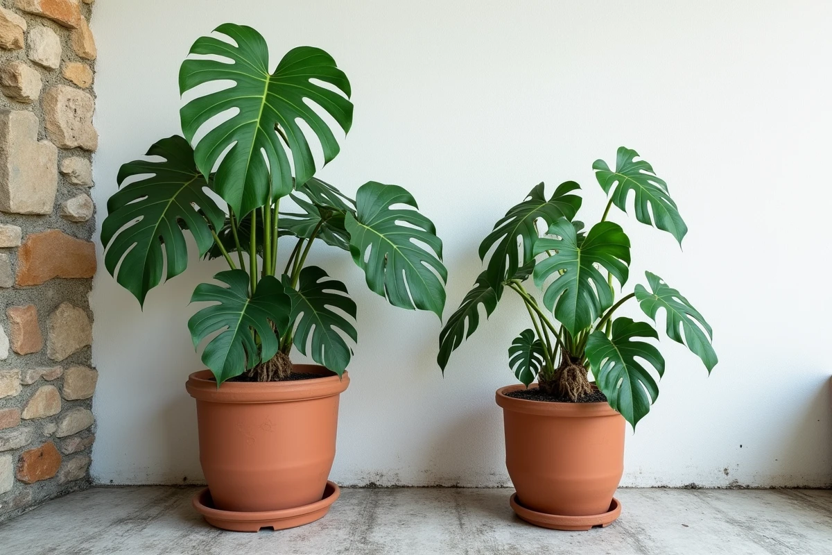 Comparaison de deux plants de ceriman de tailles différentes posés côte à côte sur une terrasse pour guider l'achat