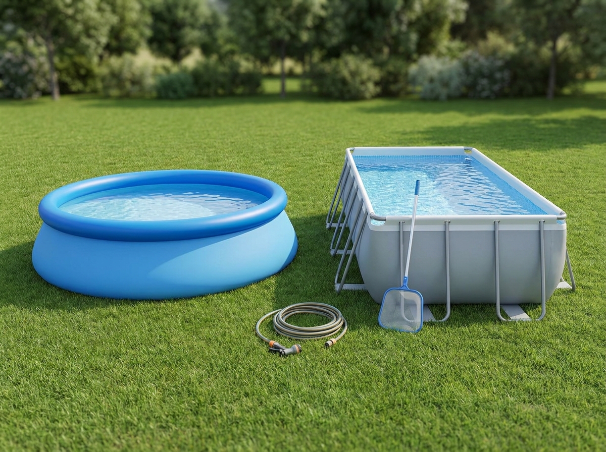 Comparaison côte à côte d'une piscine autoportée souple et d'une piscine tubulaire dans un jardin verdoyant