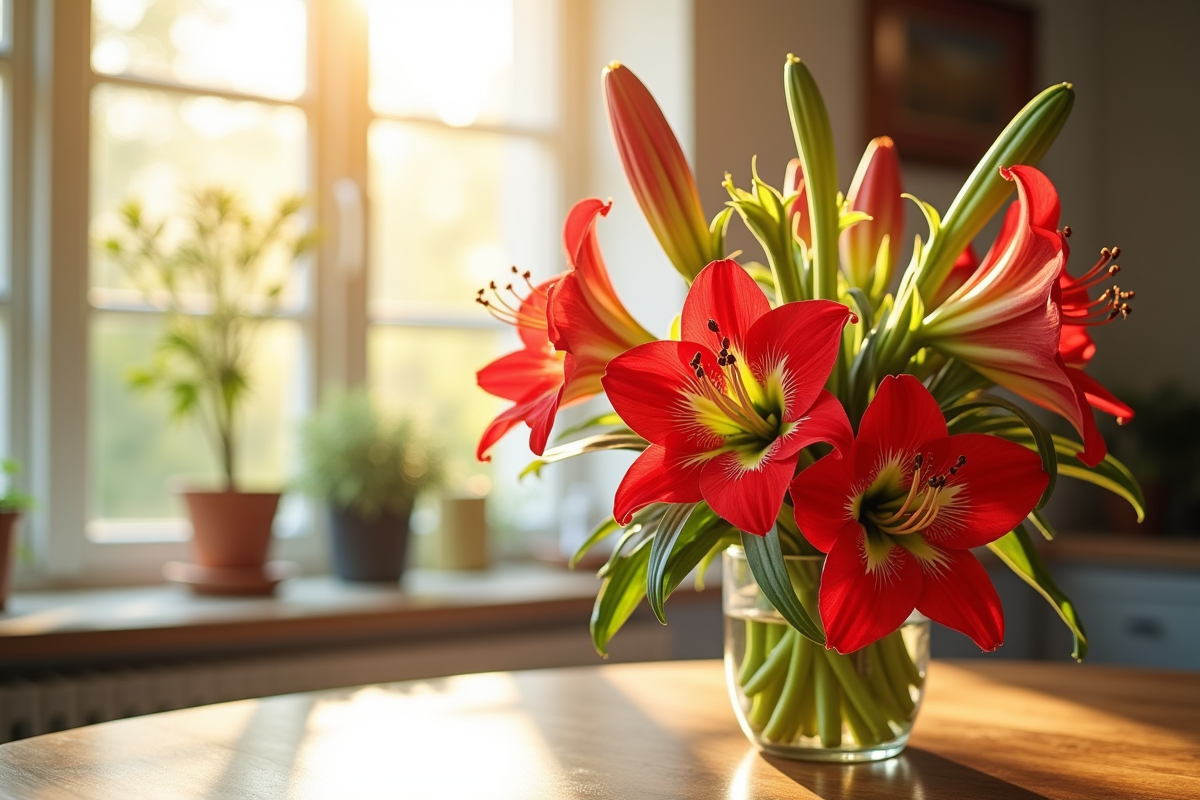 Arrangement de fleurs alstroemeria et amaryllis en lumière naturelle