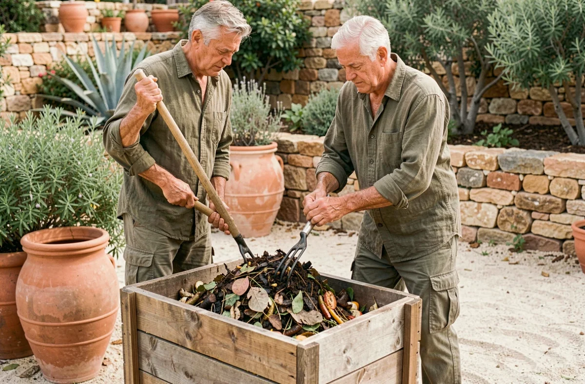 Homme âgé qui retourne du compost mûr près d'un bac en bois pour amender un sol pauvre et sec