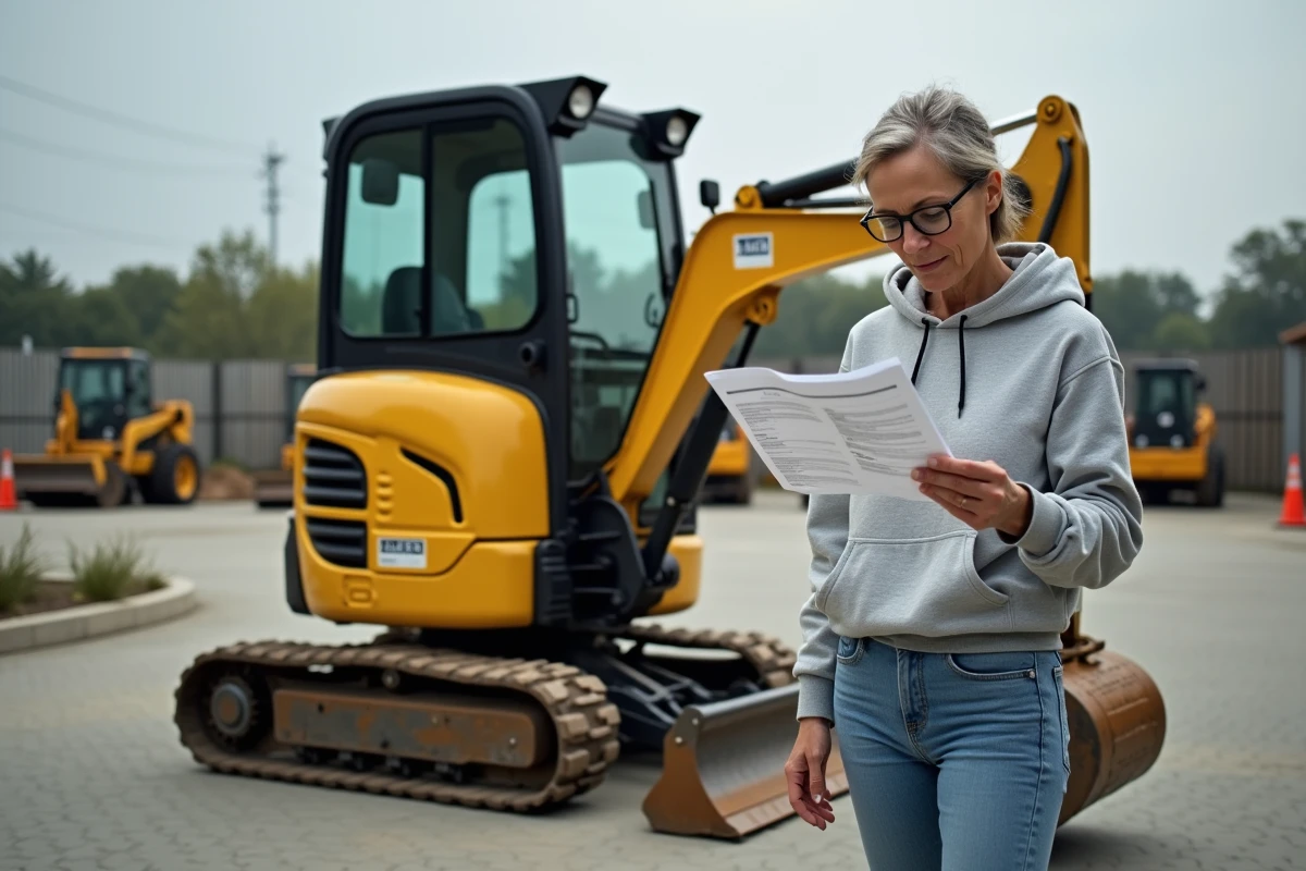 Femme consultant un contrat de location à côté d'une mini pelle jaune dans un dépôt de location d'engins