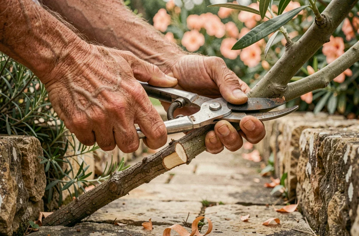 Gros plan sur des mains qui coupent une branche épaisse de laurier rose avec un ébrancheur