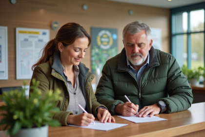 Un couple adulte dans une mairie moderne pour une démarche administrative