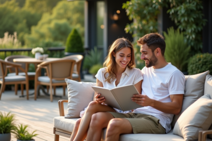 Jeune couple souriant sur un sofa extérieur moderne