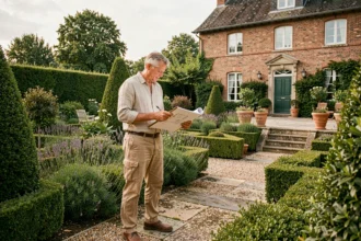 Un paysagiste professionnel examine des plans de jardin dans un beau jardin aménagé en Haute-Garonne avec des haies taillées et une maison en briques toulousaines