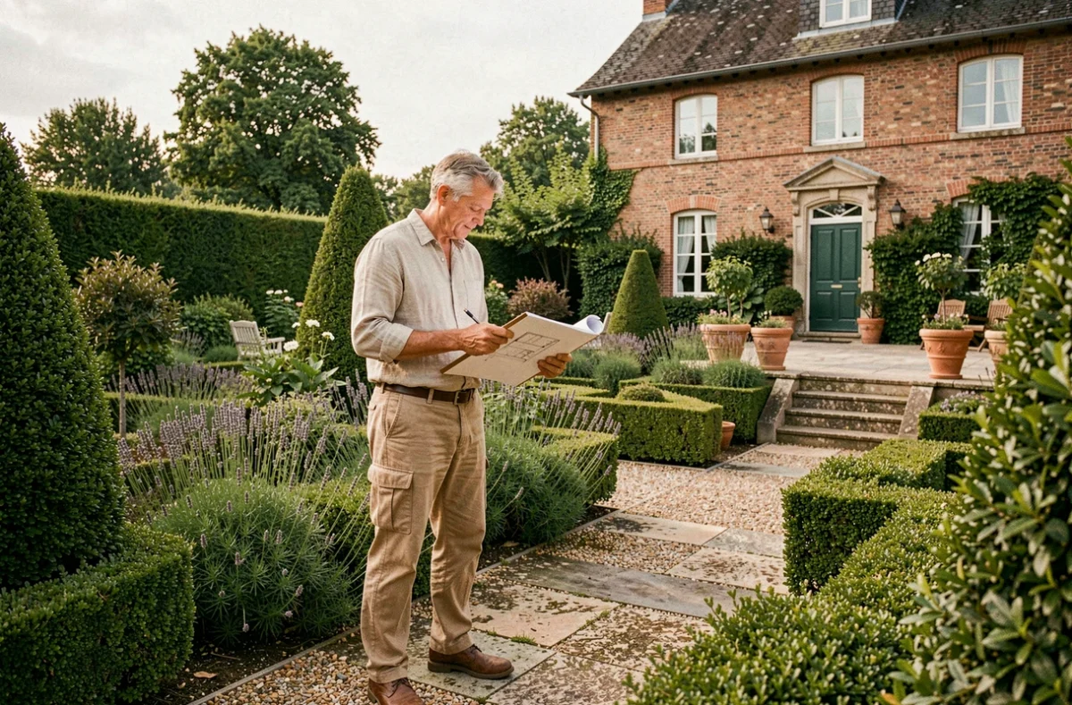 Un paysagiste professionnel examine des plans de jardin dans un beau jardin aménagé en Haute-Garonne avec des haies taillées et une maison en briques toulousaines