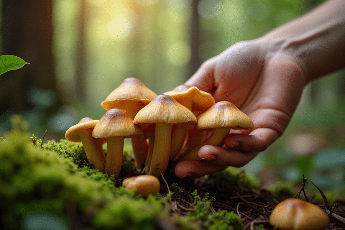 Champignons gris de chanterelle cueillis à la main en forêt