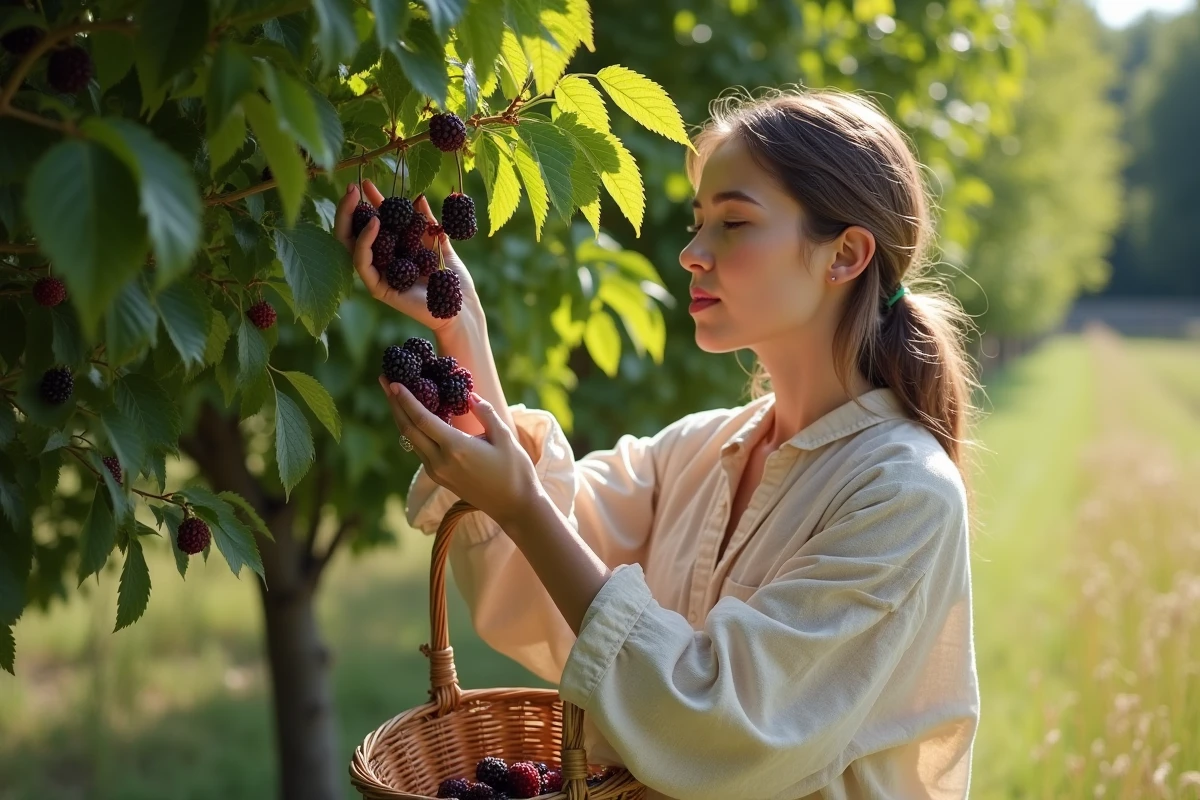Femme cueillant des mûres de mûrier platane dans un panier en osier au verger, doigts teintés de jus violet