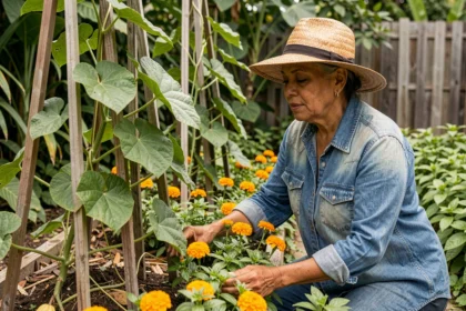 Femme jardinant une association de christophines et de plantes compagnes comme le basilic et les soucis dans un potager tropical