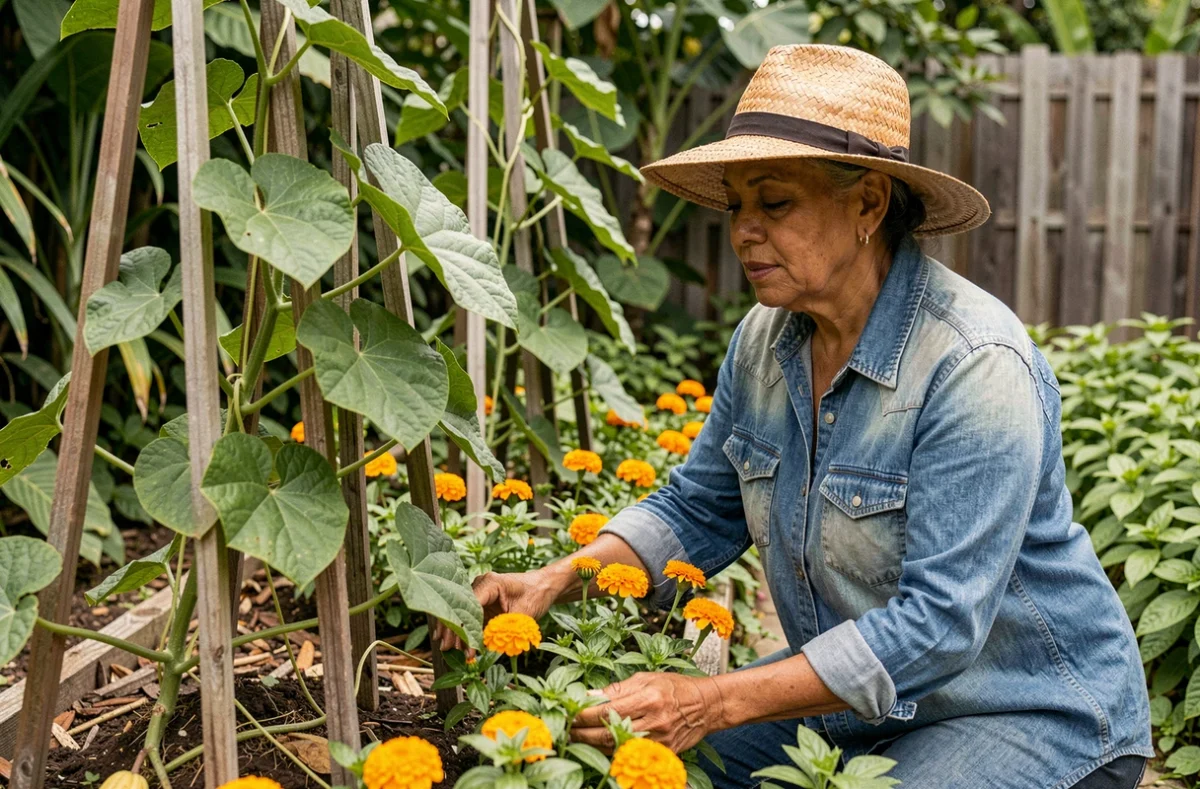Femme jardinant une association de christophines et de plantes compagnes comme le basilic et les soucis dans un potager tropical
