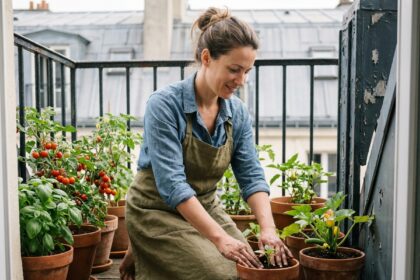 Femme cultivant des tomates cerises et des herbes aromatiques dans des pots en terre cuite sur un balcon urbain