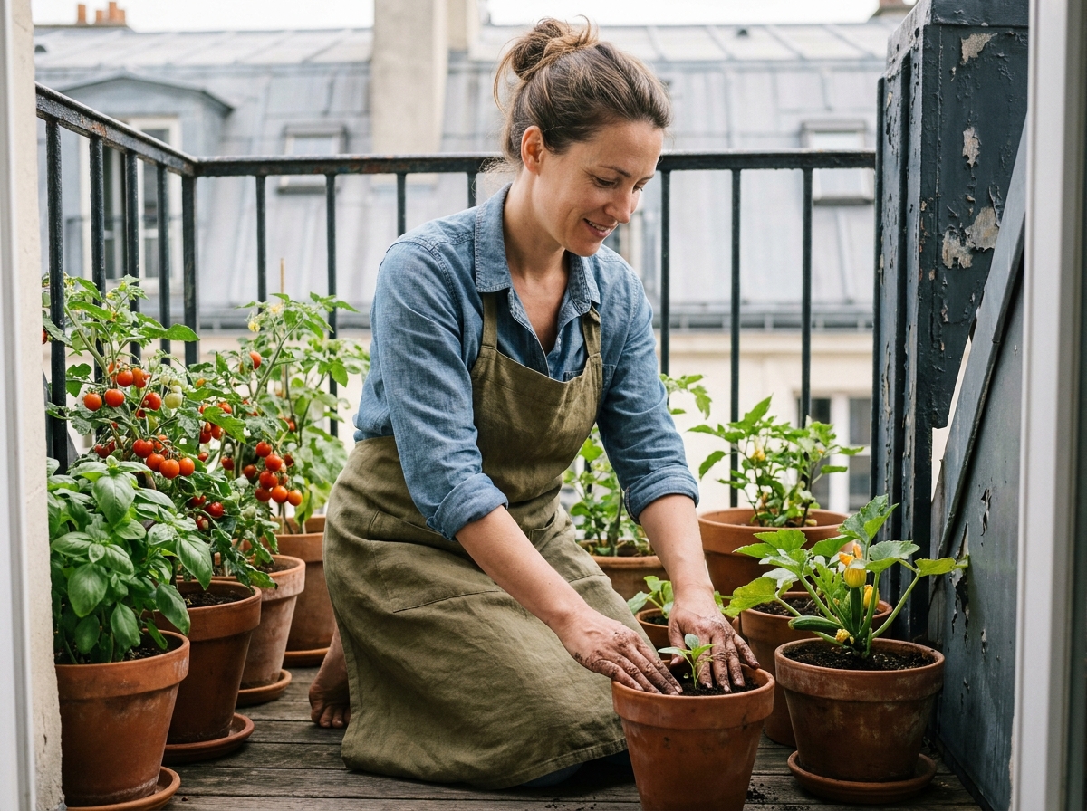 Femme cultivant des tomates cerises et des herbes aromatiques dans des pots en terre cuite sur un balcon urbain