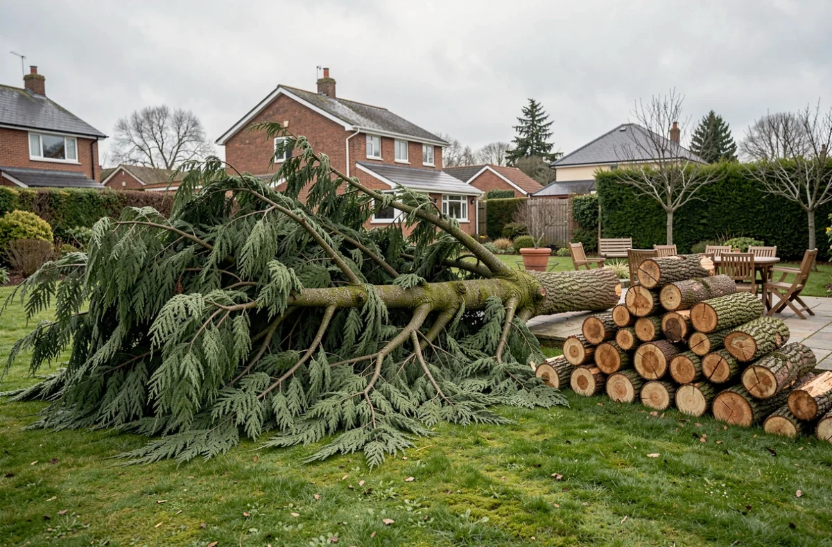 Troncs de cyprès abattus et sections de bois empilées dans un jardin après un abattage