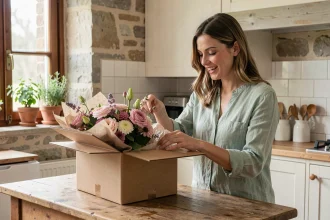 Femme déballant une commande de fleurs Promesse de Fleurs dans une cuisine rustique en pierre