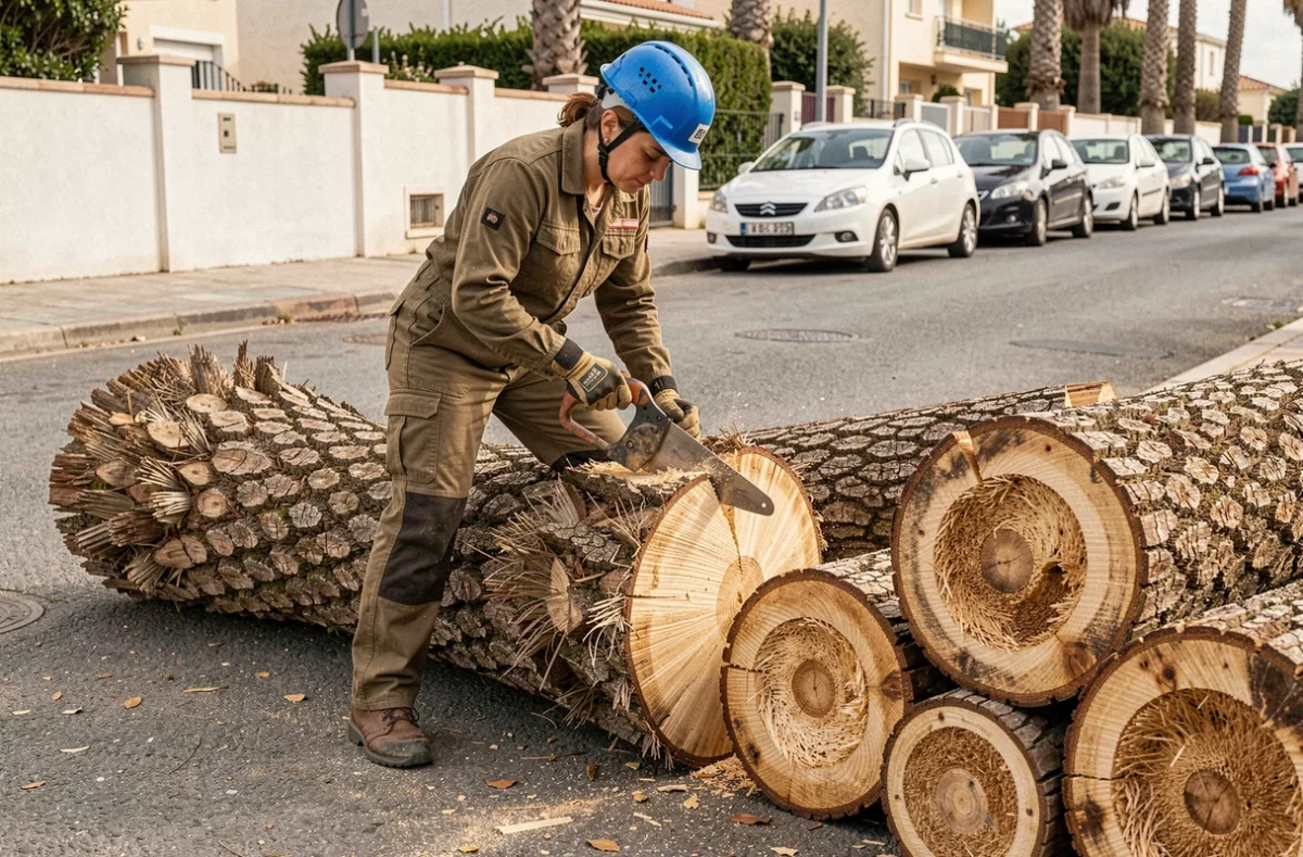 Arboriste féminine découpant le tronc d'un palmier abattu en sections sur une allée résidentielle, préparant l'évacuation des déchets végétaux