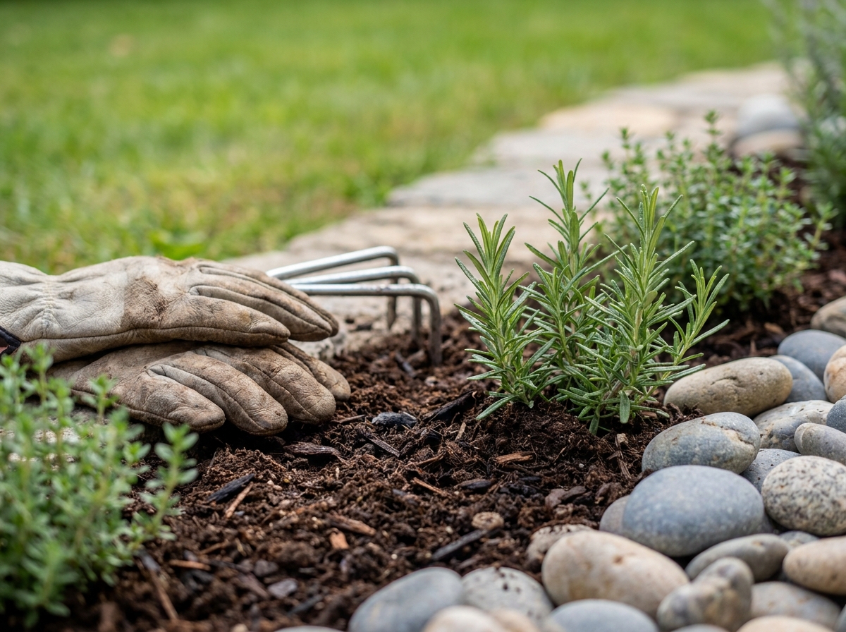 Détail d'une bordure de jardin fraîchement aménagée avec galets, paillis et plantes aromatiques en Gironde
