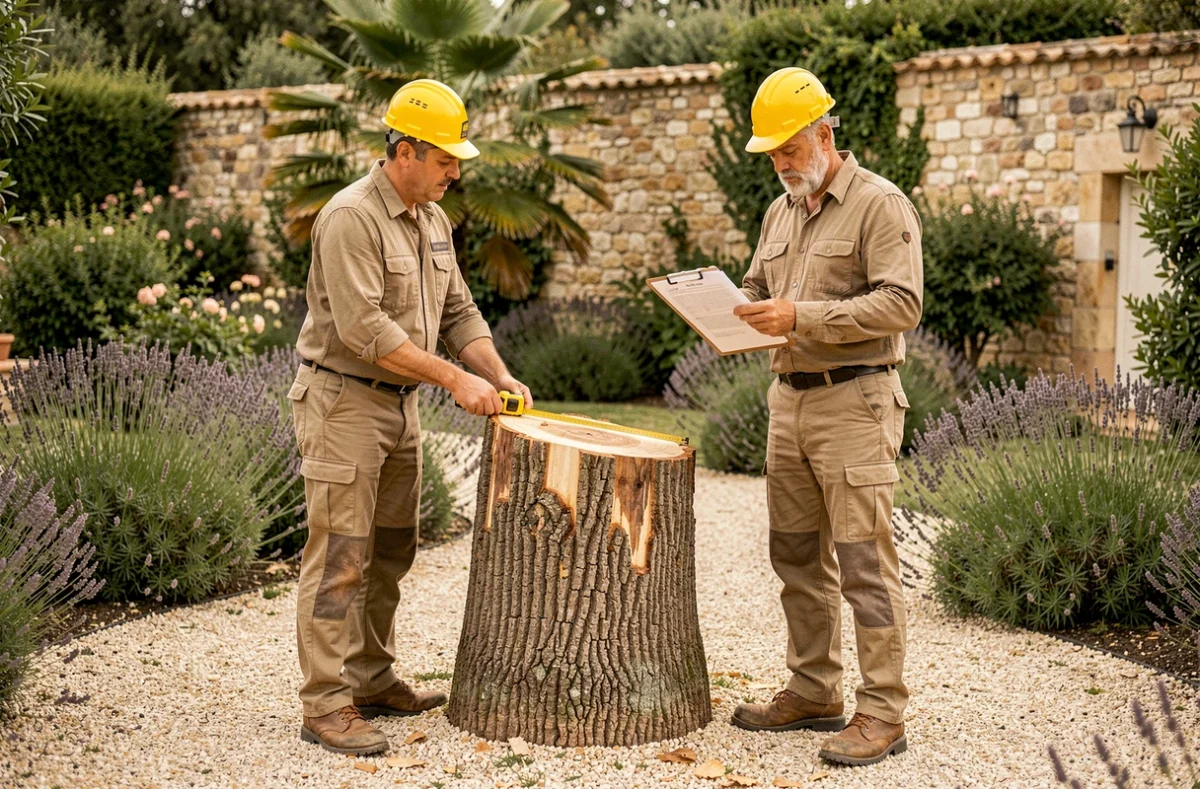 Deux élagueurs évaluant le coût d'un abattage de palmier devant une souche fraîchement coupée dans un jardin provençal