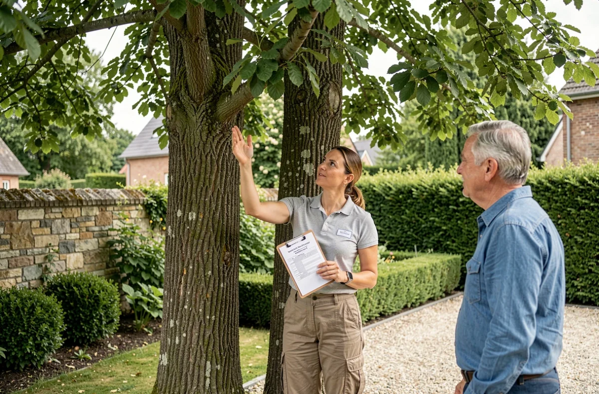 Professionnelle d'élagage présentant un devis à un propriétaire dans un jardin résidentiel à Nancy