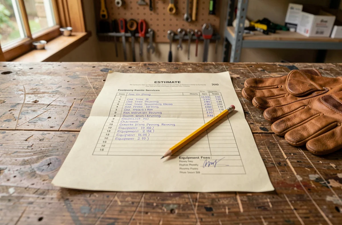 Devis manuscrit pour une taille de chêne posé sur un établi avec crayon et gants de travail