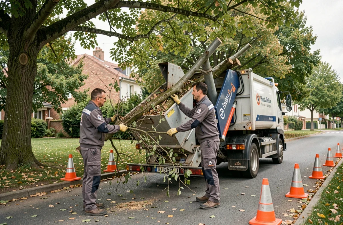 Équipe de Didier Danet SAS déchiquetant des branches après élagage dans une rue du 92