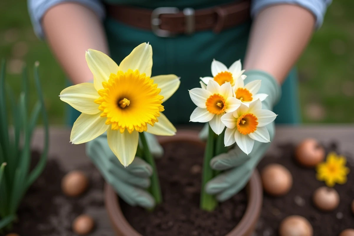 Comparaison côte à côte d'un narcisse et d'une jonquille tenus dans des mains gantées de jardinière, montrant clairement la différence entre la grande trompette de la jonquille et les petites fleurs groupées du narcisse