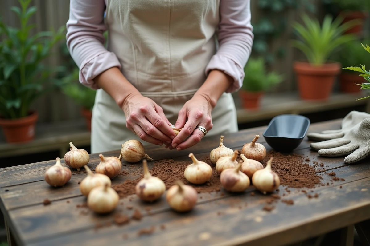 Mains de jardinière divisant des bulbes de lys asiatique sur une table de rempotage en bois