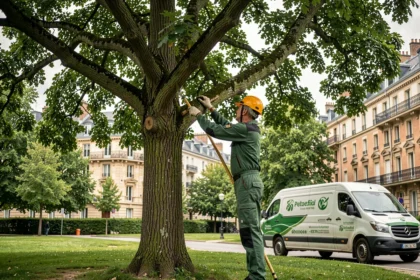 Élagueur professionnel dans un parc urbain des Hauts-de-Seine avec des immeubles haussmanniens en arrière-plan