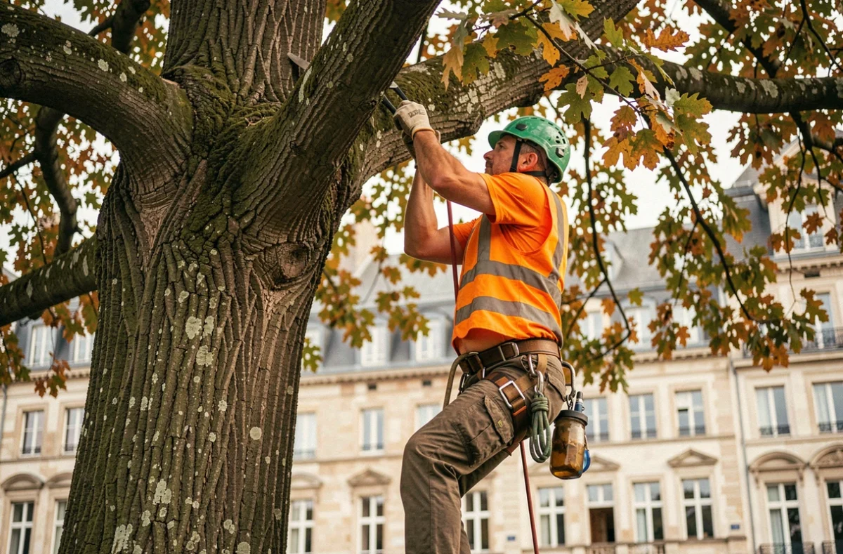 Élagueur professionnel en tenue de sécurité grimpant dans un grand chêne à Nancy pour une intervention d'élagage