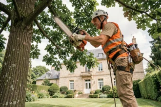 Élagueur professionnel en train d'élaguer un grand chêne dans un jardin résidentiel français