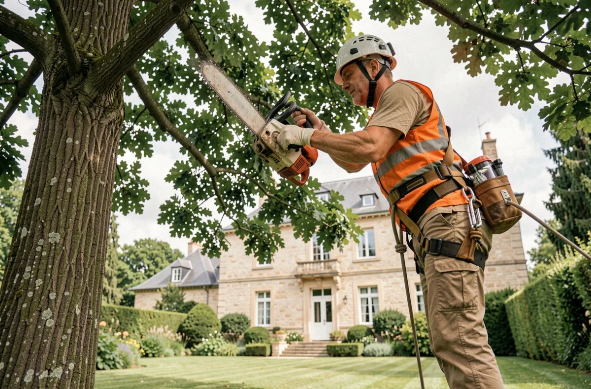 Élagueur professionnel en train d'élaguer un grand chêne dans un jardin résidentiel français