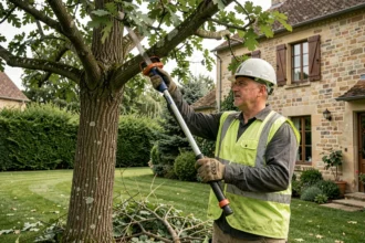 Élagueur professionnel en train de tailler les branches d'un grand chêne dans un jardin résidentiel français