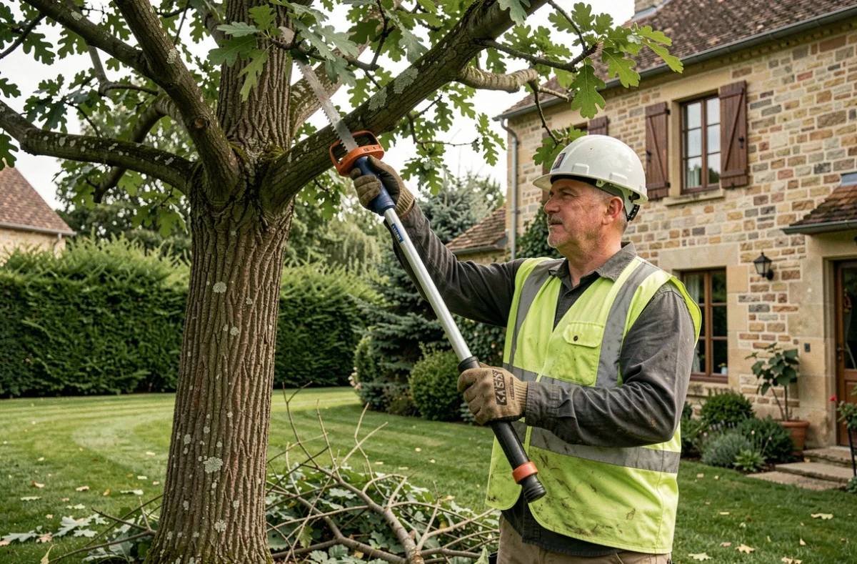 Élagueur professionnel en train de tailler les branches d'un grand chêne dans un jardin résidentiel français