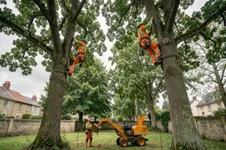 Équipe d'élagueurs professionnels au travail dans les arbres dans les Yvelines, avec harnais et équipements de sécurité