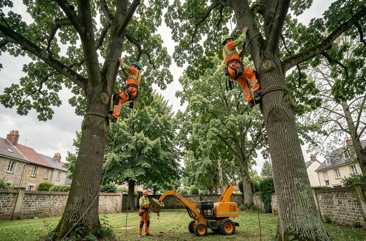 Équipe d'élagueurs professionnels au travail dans les arbres dans les Yvelines, avec harnais et équipements de sécurité