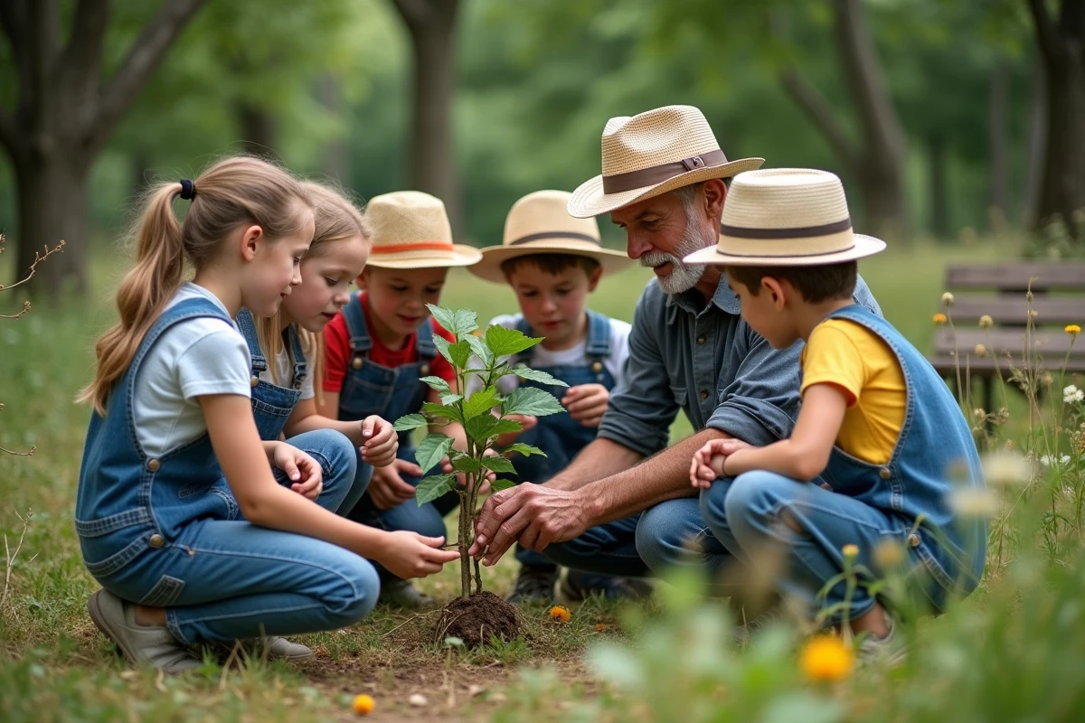 Enfants curieux observant un homme âgé greffant un arbre fruitier