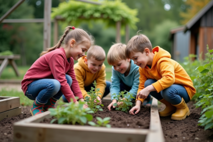 Groupe d'enfants plantant dans un jardin scolaire en extérieur