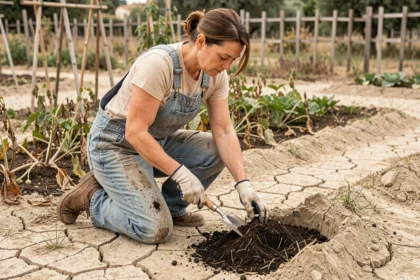 Femme jardinière qui enrichit une terre sèche et craquelée en y incorporant du compost à la main