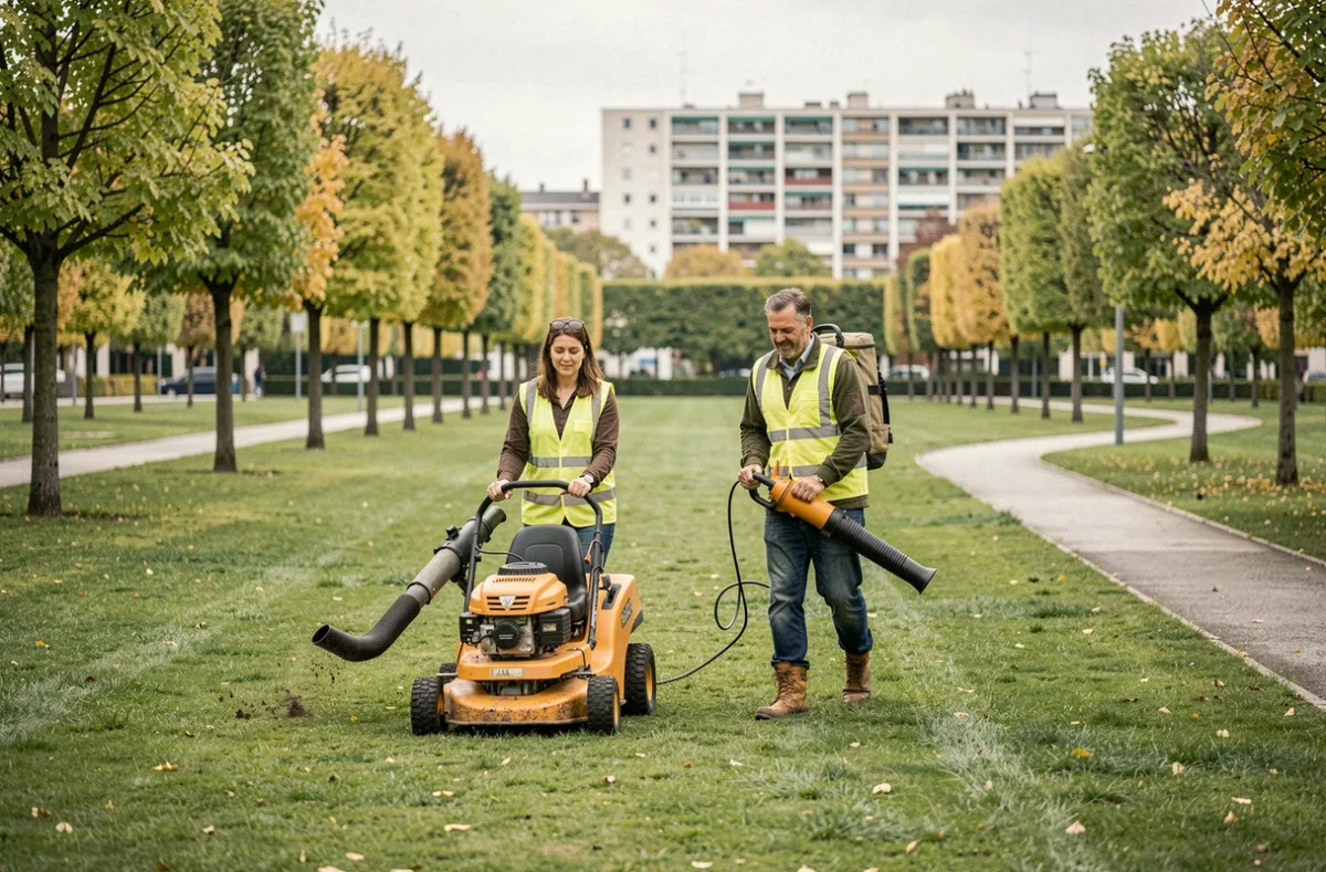 Équipe d'entretien d'espaces verts municipaux dans le département du Rhône