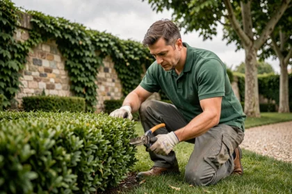 Jardinier professionnel taillant une haie ornementale dans un jardin privé du Rhône