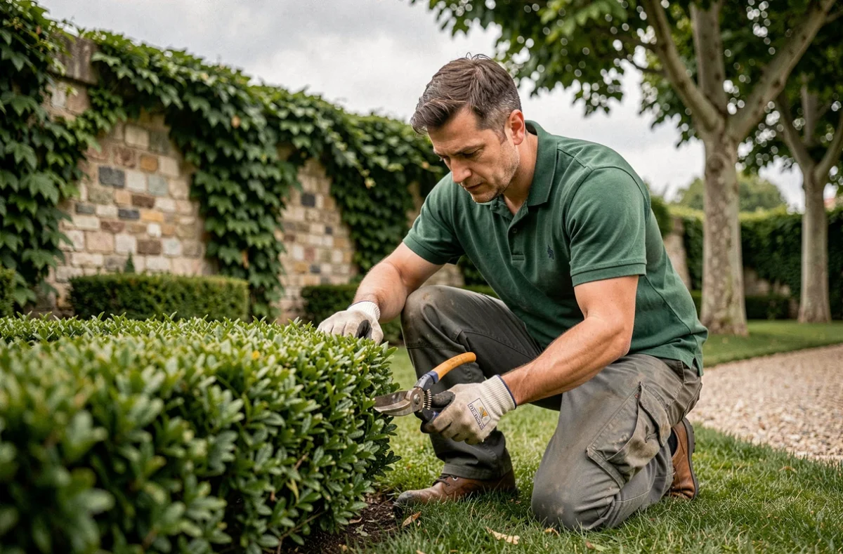 Jardinier professionnel taillant une haie ornementale dans un jardin privé du Rhône