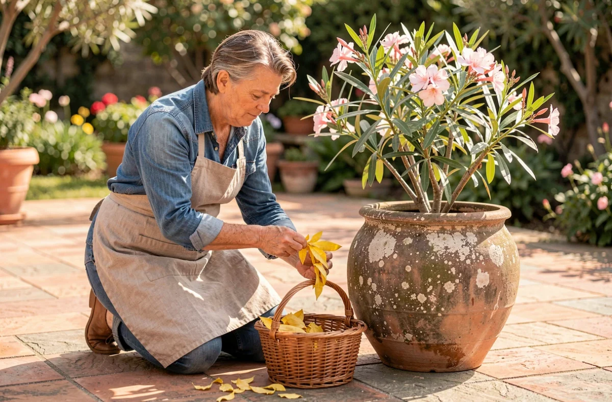 Jardinier retirant les feuilles jaunes d'un laurier rose en pot sur une terrasse en pierre, entretien saisonnier du laurier rose