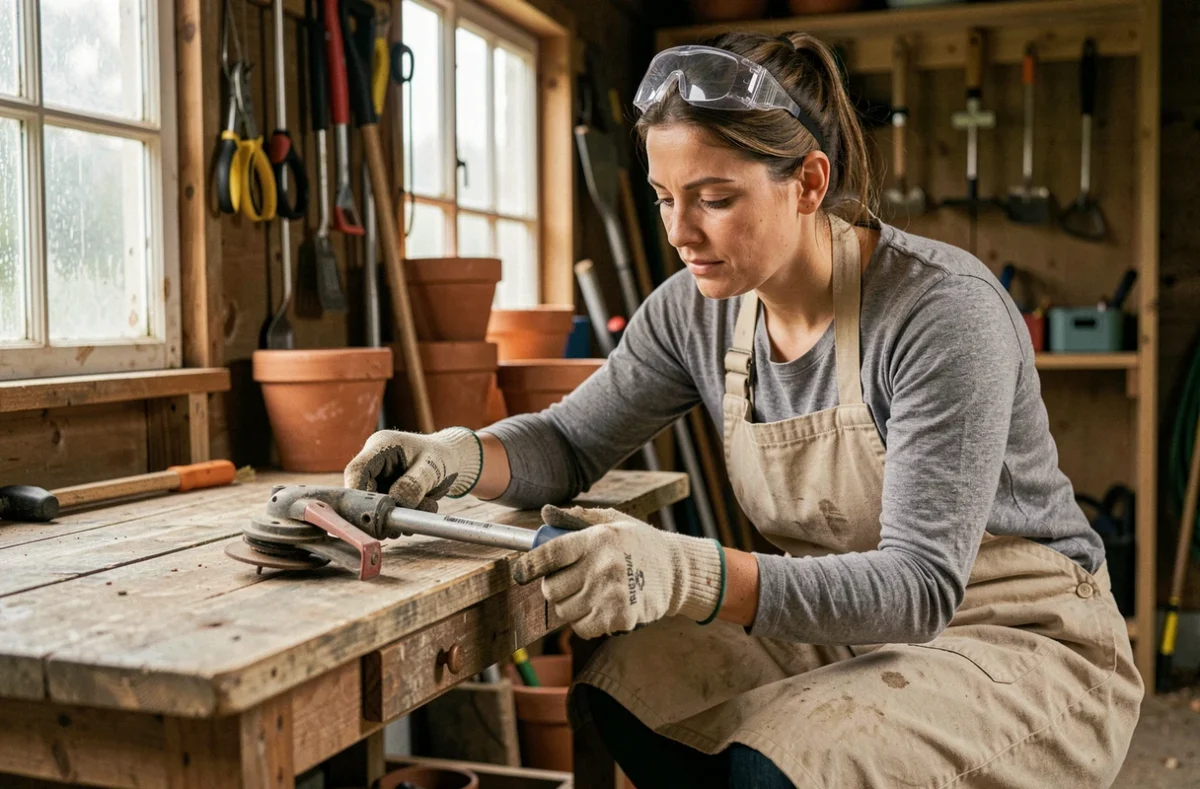 Femme inspectant la tête de coupe d'un rotofil sur un établi en bois dans une remise de jardin, portant des gants et des lunettes de protection
