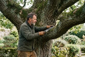 Jardinier expérimenté taillant une branche basse d'un vieux chêne avec une scie d'élagage dans un jardin privé