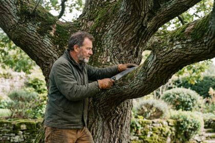 Jardinier expérimenté taillant une branche basse d'un vieux chêne avec une scie d'élagage dans un jardin privé