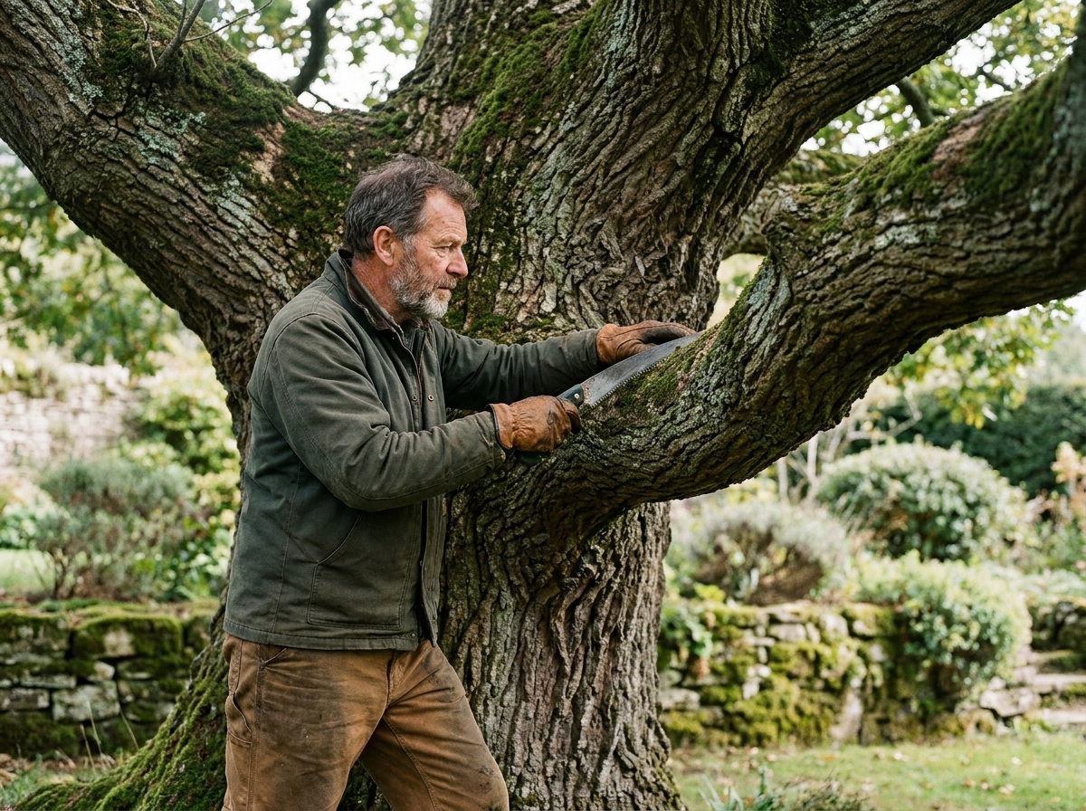 Jardinier expérimenté taillant une branche basse d'un vieux chêne avec une scie d'élagage dans un jardin privé