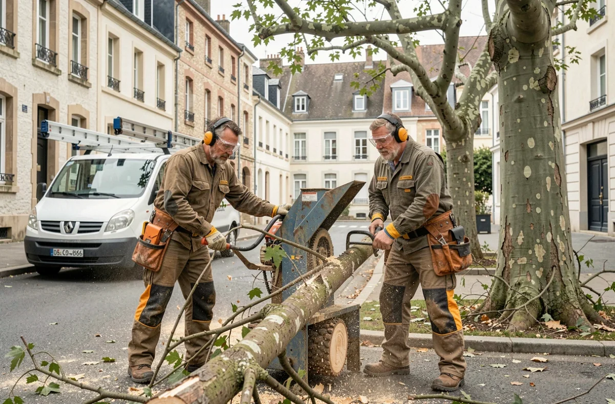 Équipe d'élagueurs utilisant un broyeur de branches dans une rue résidentielle de Nancy après un chantier d'élagage