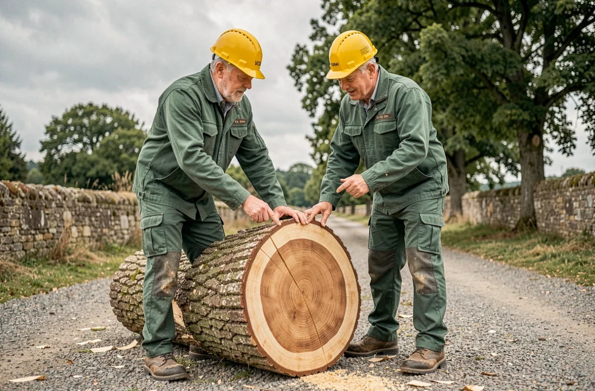 Deux élagueurs discutant auprès d'un tronc d'arbre coupé sur une propriété rurale en France